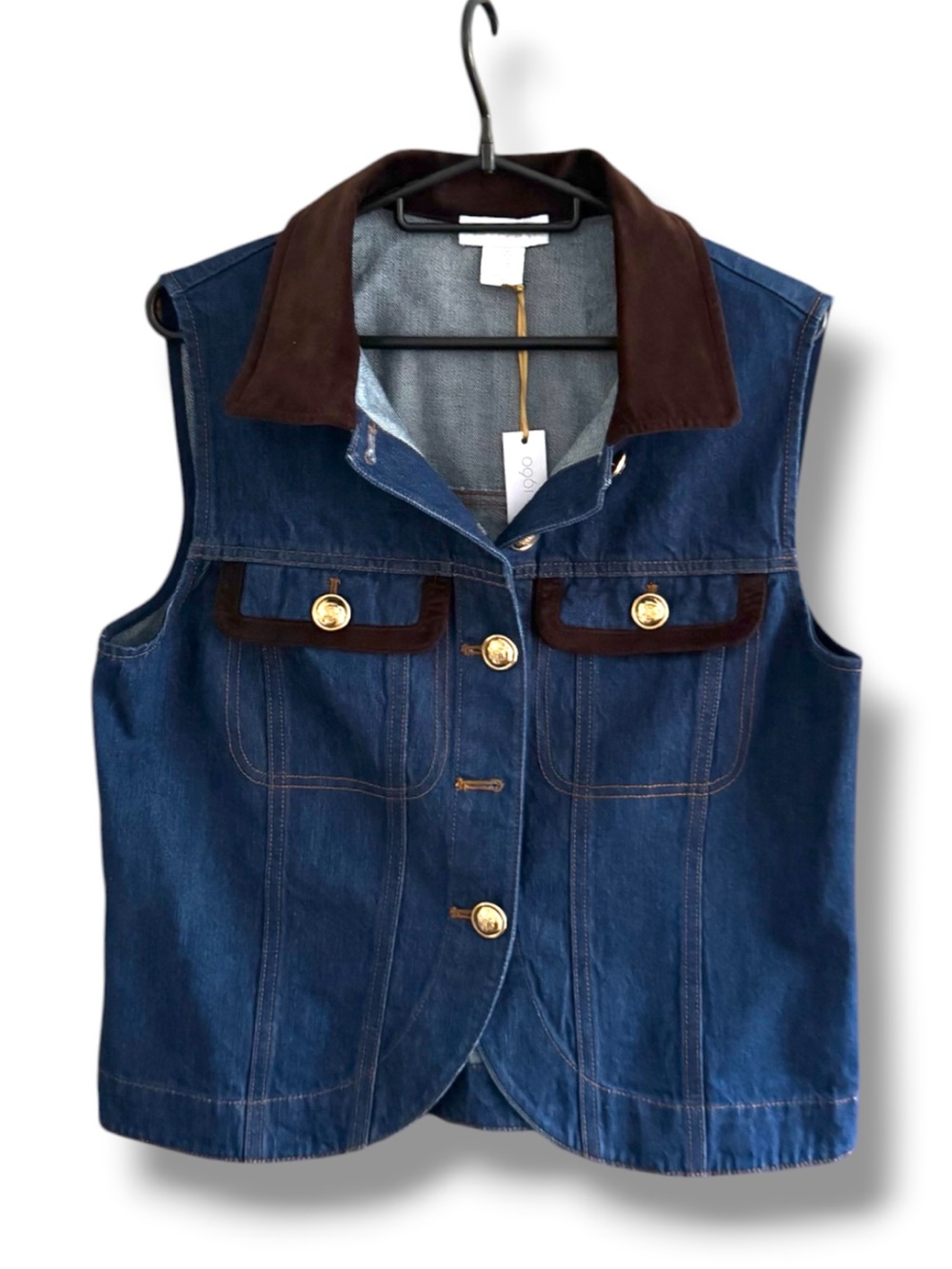 House of Harlow 1960 Women's Dark Blue Denim Vest with Brown Corduroy Collar